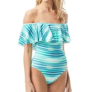 Vince Camuto Stripe Ruffle Off-The-Shoulder One-Piece Swimsuit